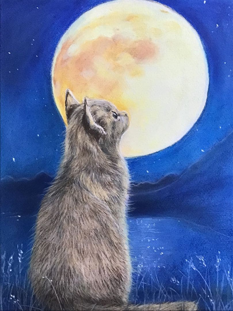 見上げる月　ハンドメイドパステル画　絵画アート原画