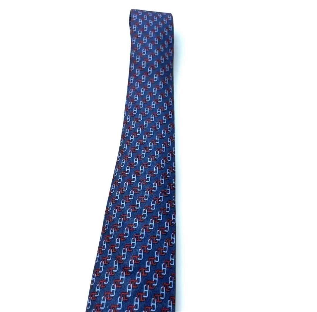 極美品 エルメス ネクタイ シェーヌダンクル 紺 希少ロング