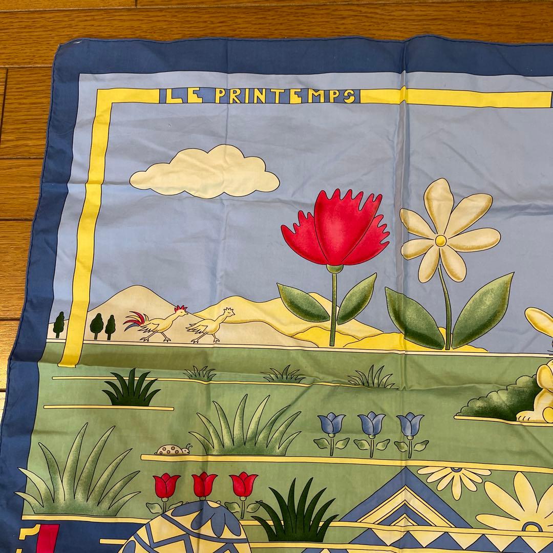 エルメス　コットン 春の花とウサギのイラスト スカーフ