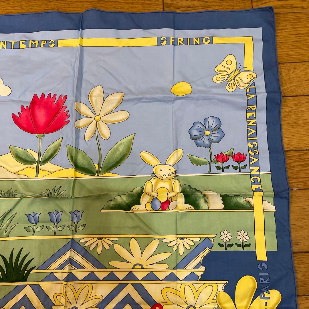 エルメス　コットン 春の花とウサギのイラスト スカーフ