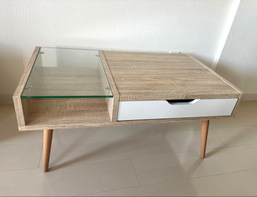 【美品】LOWYA 北欧ガラス天板ローテーブル リビングテーブル 収納付き