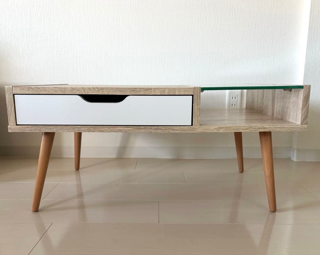 【美品】LOWYA 北欧ガラス天板ローテーブル リビングテーブル 収納付き