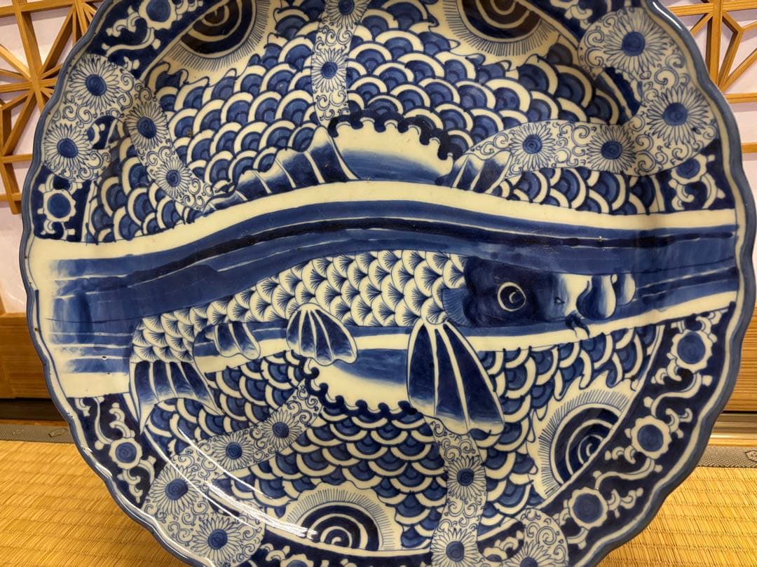 古伊万里　染付　鯉の滝登り図大皿　登竜門　38cm