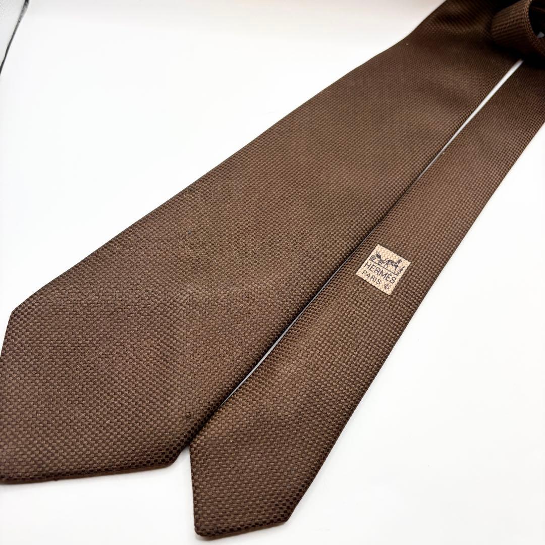 HERMES エルメス ネクタイ ブラウン系 織柄 シルク 肉厚
