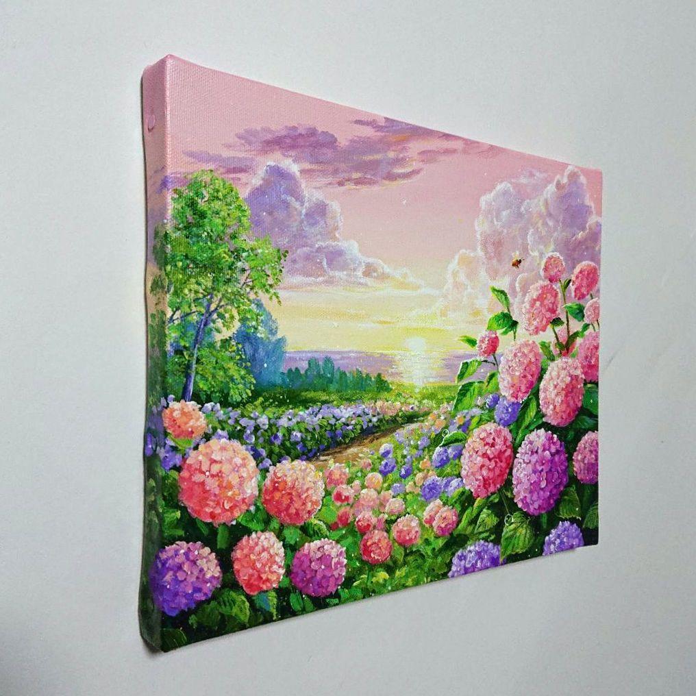 【夕映えの紫陽花】アクリル画 F3 風景画 絵画