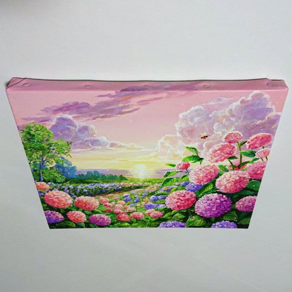 【夕映えの紫陽花】アクリル画 F3 風景画 絵画