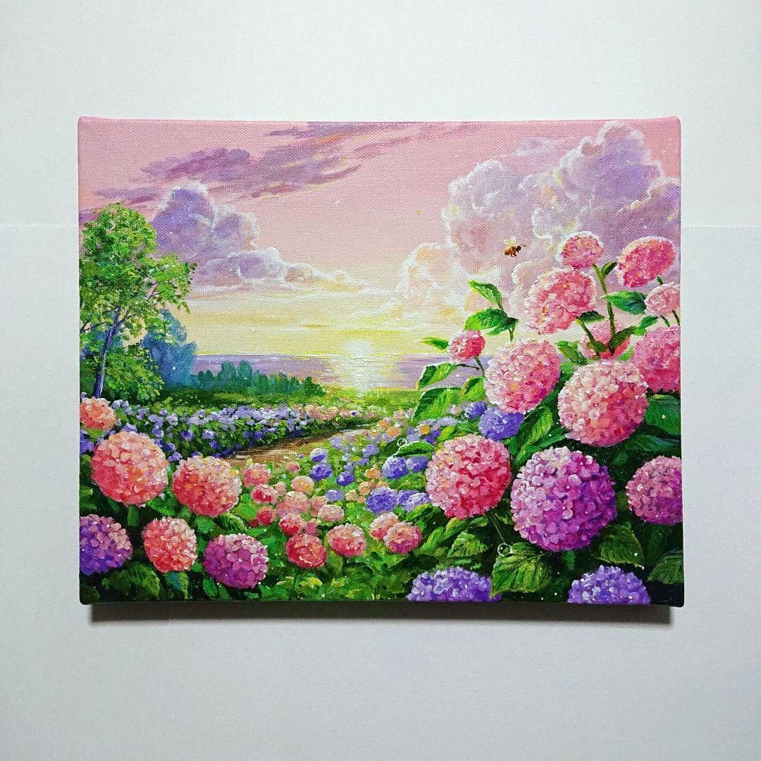 【夕映えの紫陽花】アクリル画 F3 風景画 絵画