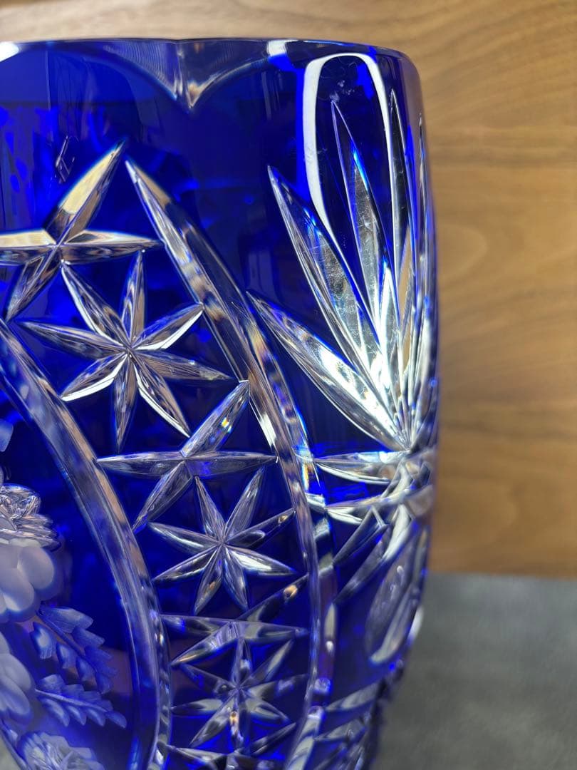 【美品】エルベクリスタル 花瓶 ブルー カットガラス 高さ25cm ドイツ製