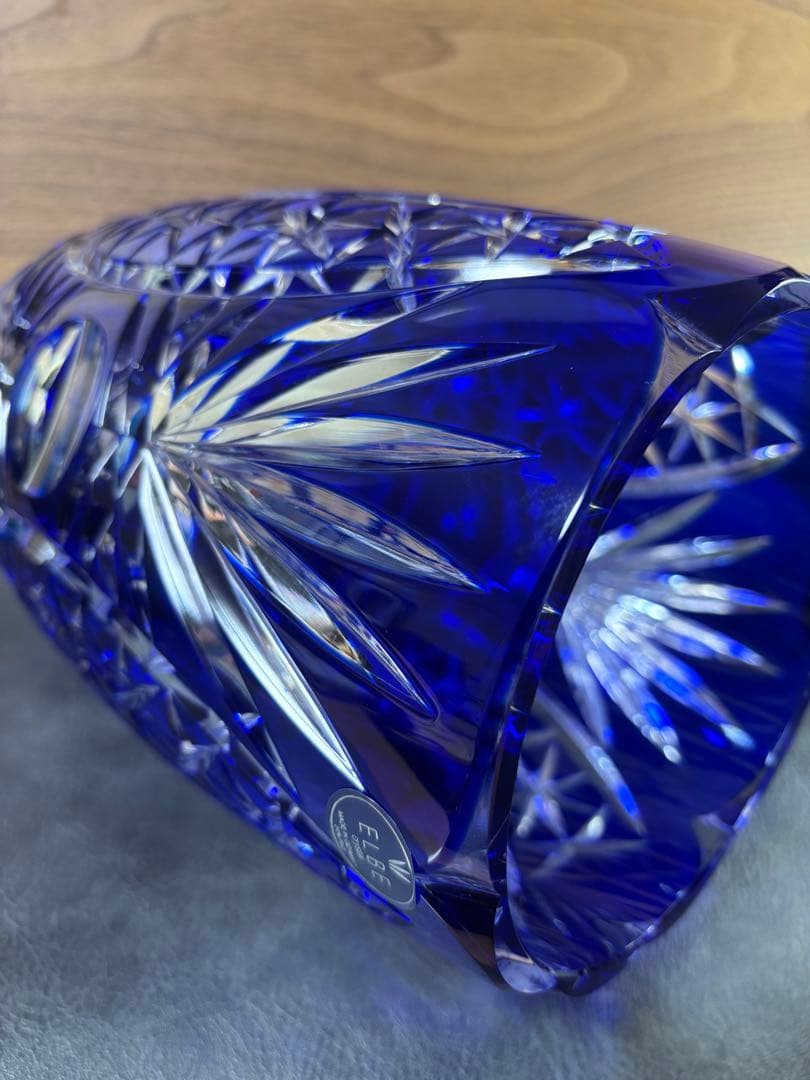 【美品】エルベクリスタル 花瓶 ブルー カットガラス 高さ25cm ドイツ製