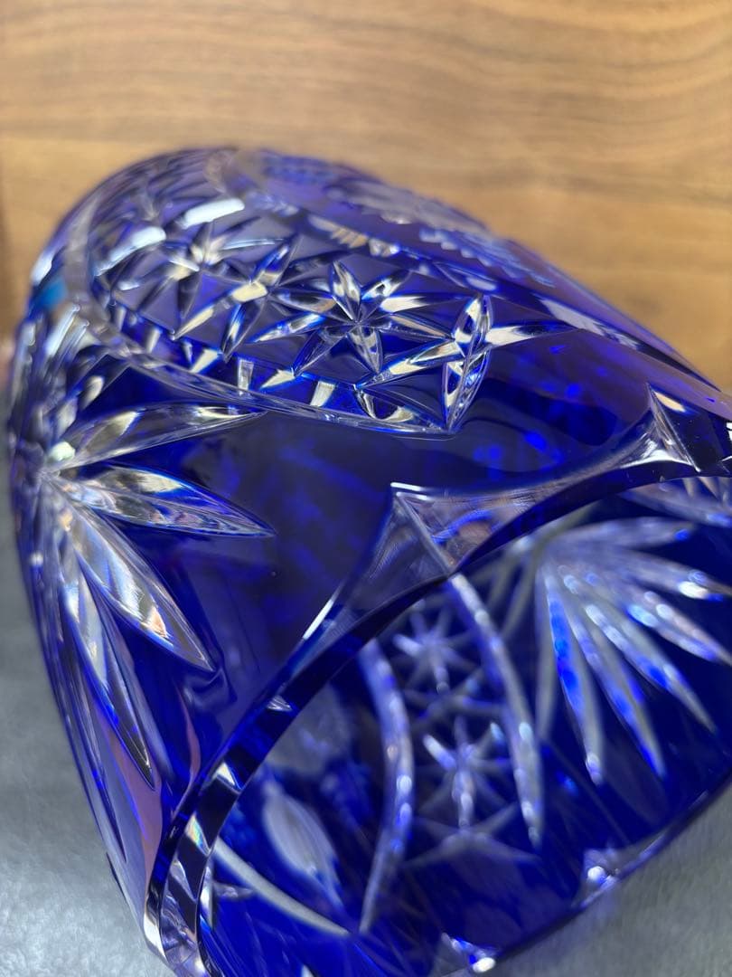 【美品】エルベクリスタル 花瓶 ブルー カットガラス 高さ25cm ドイツ製