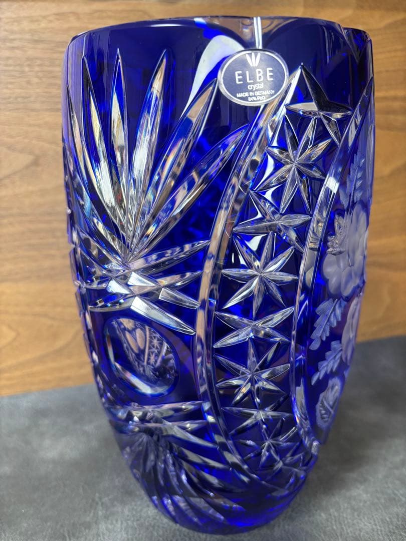 【美品】エルベクリスタル 花瓶 ブルー カットガラス 高さ25cm ドイツ製
