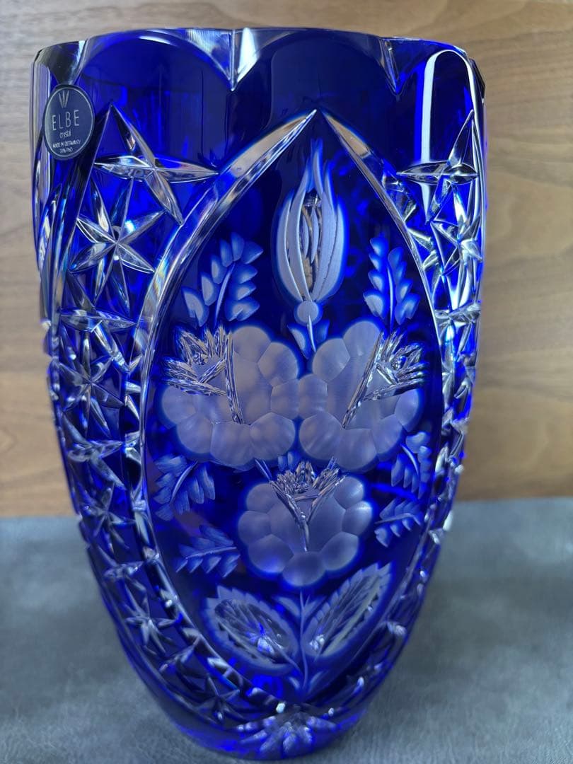 【美品】エルベクリスタル 花瓶 ブルー カットガラス 高さ25cm ドイツ製