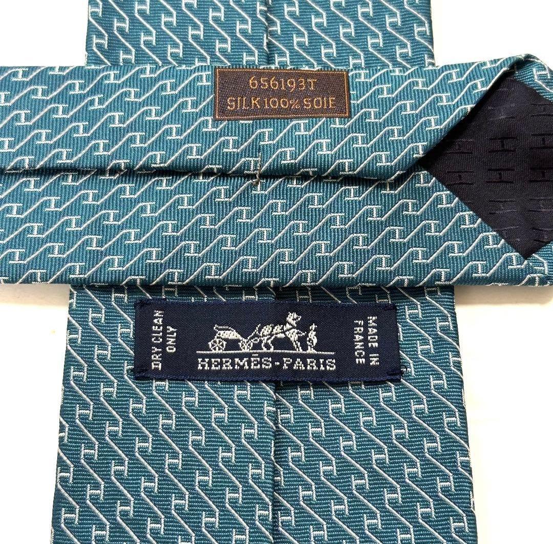 【美品】HERMES エルメス ネクタイ H柄 シルク ターコイズ