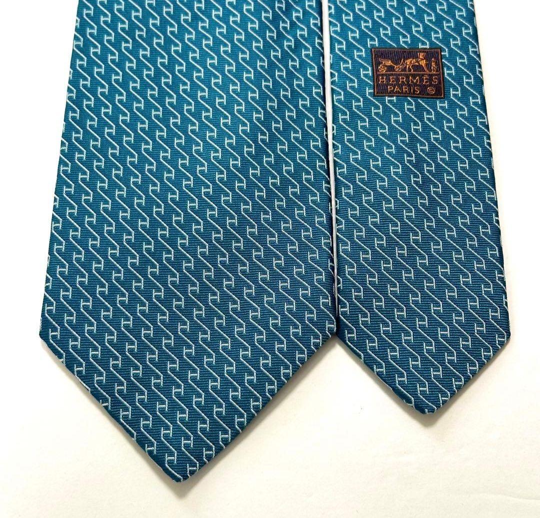 【美品】HERMES エルメス ネクタイ H柄 シルク ターコイズ