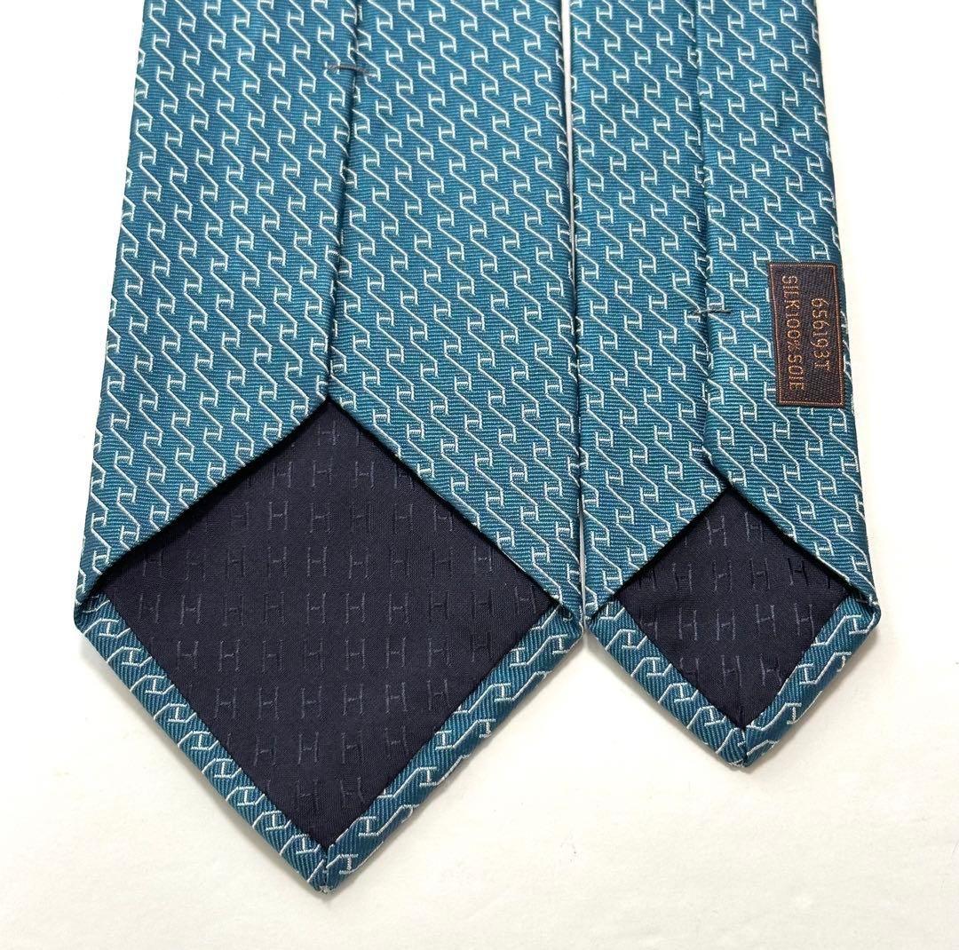 【美品】HERMES エルメス ネクタイ H柄 シルク ターコイズ