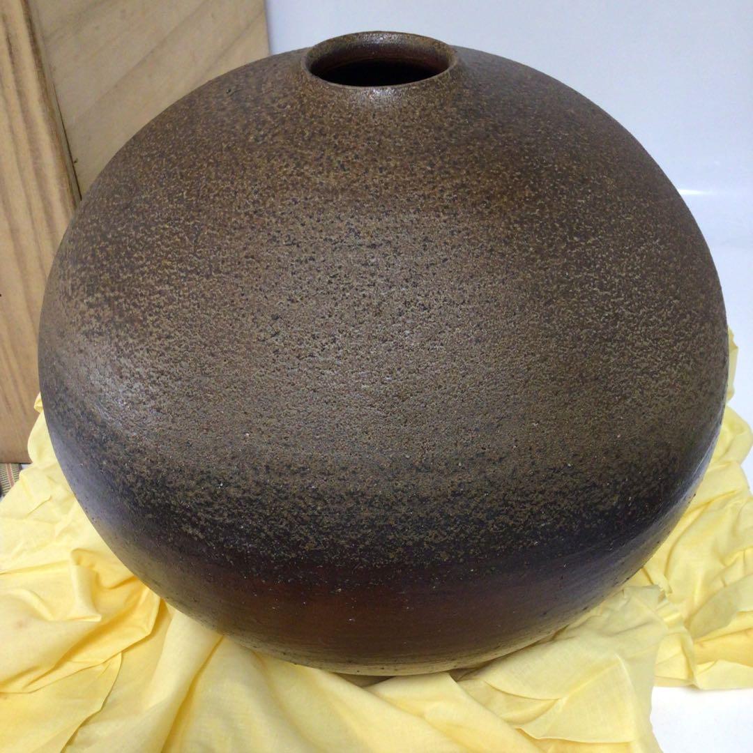 備前焼き　壺　印　刻印　大きい　高級　陶器の花瓶 ブラウン 球形 木箱付き