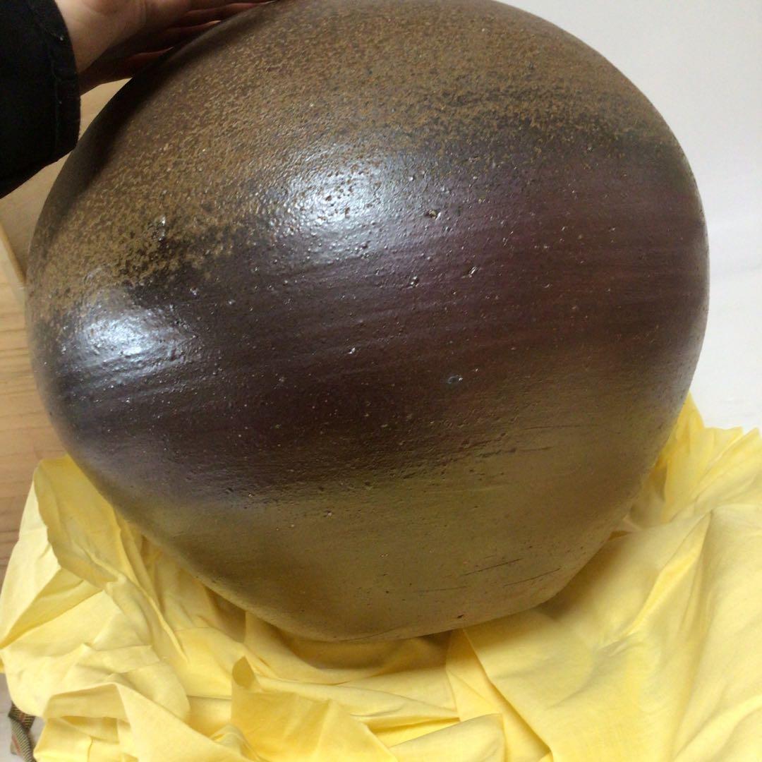 備前焼き　壺　印　刻印　大きい　高級　陶器の花瓶 ブラウン 球形 木箱付き