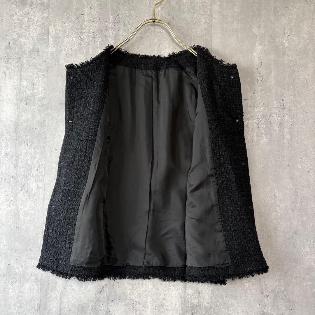 レリアン Leilian ツイードベスト ジレ フリンジ ブラック 9号
