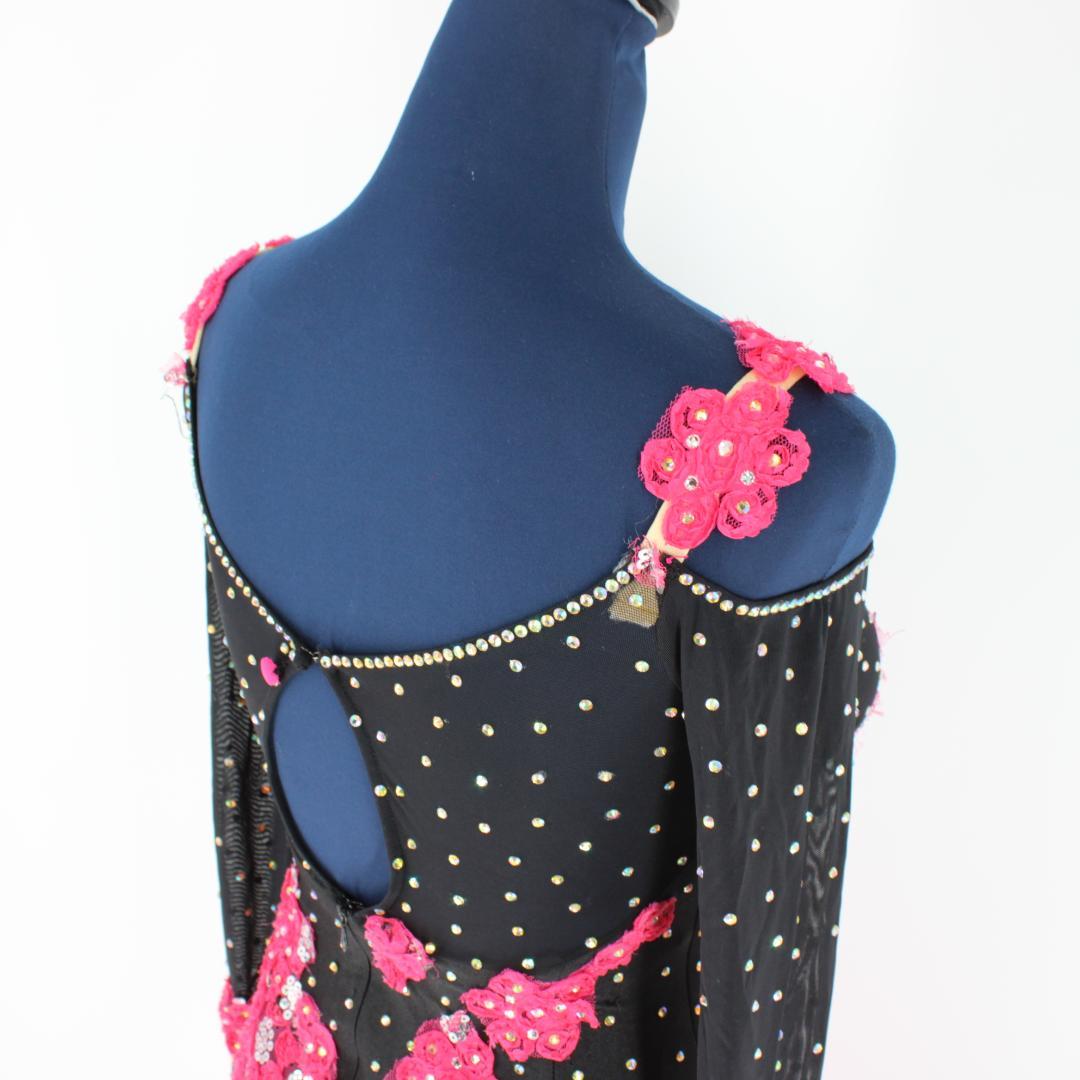 【美品 社交ダンス衣装】ワンピース ドレス 黒 ブラック ピンク マゼンダ 花柄
