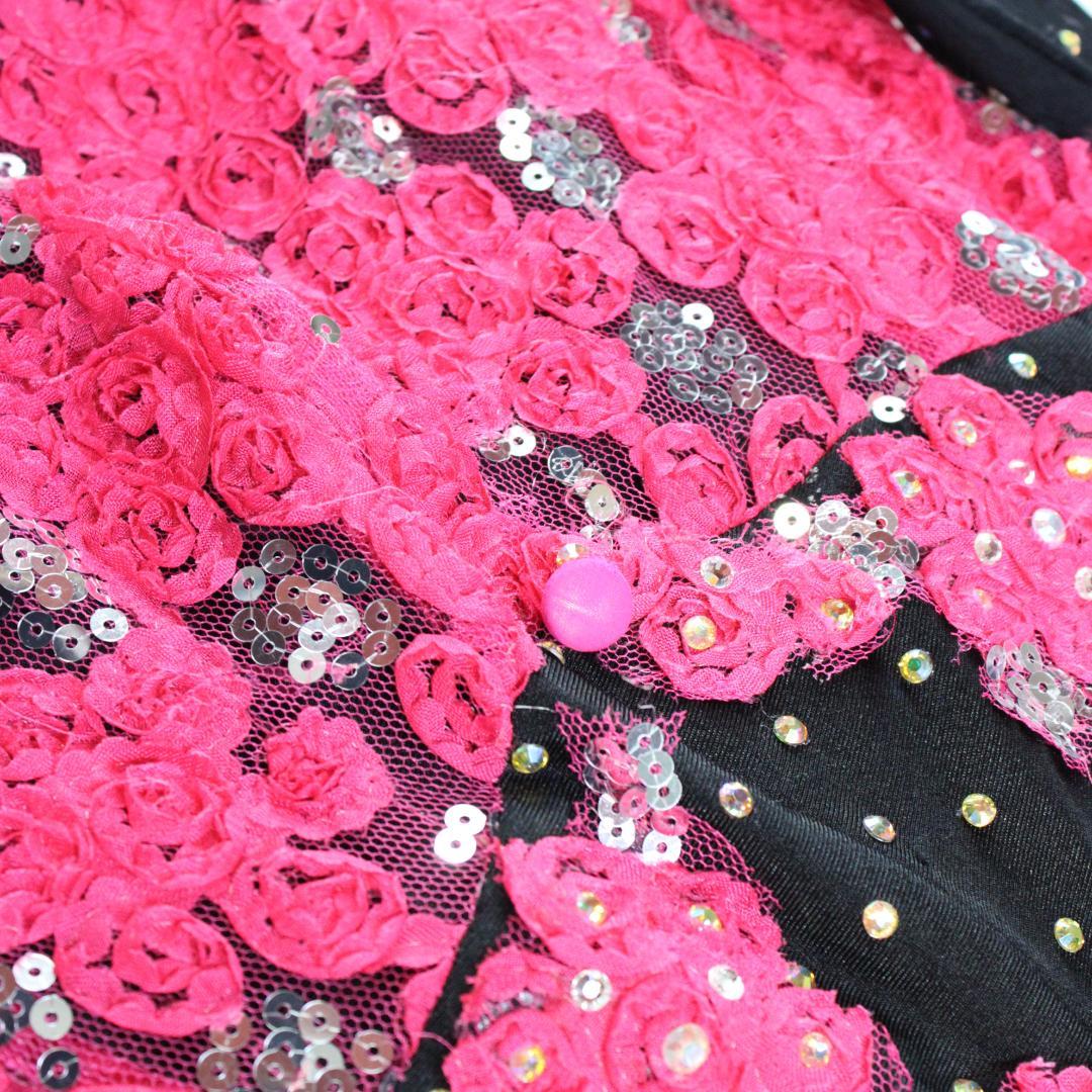 【美品 社交ダンス衣装】ワンピース ドレス 黒 ブラック ピンク マゼンダ 花柄