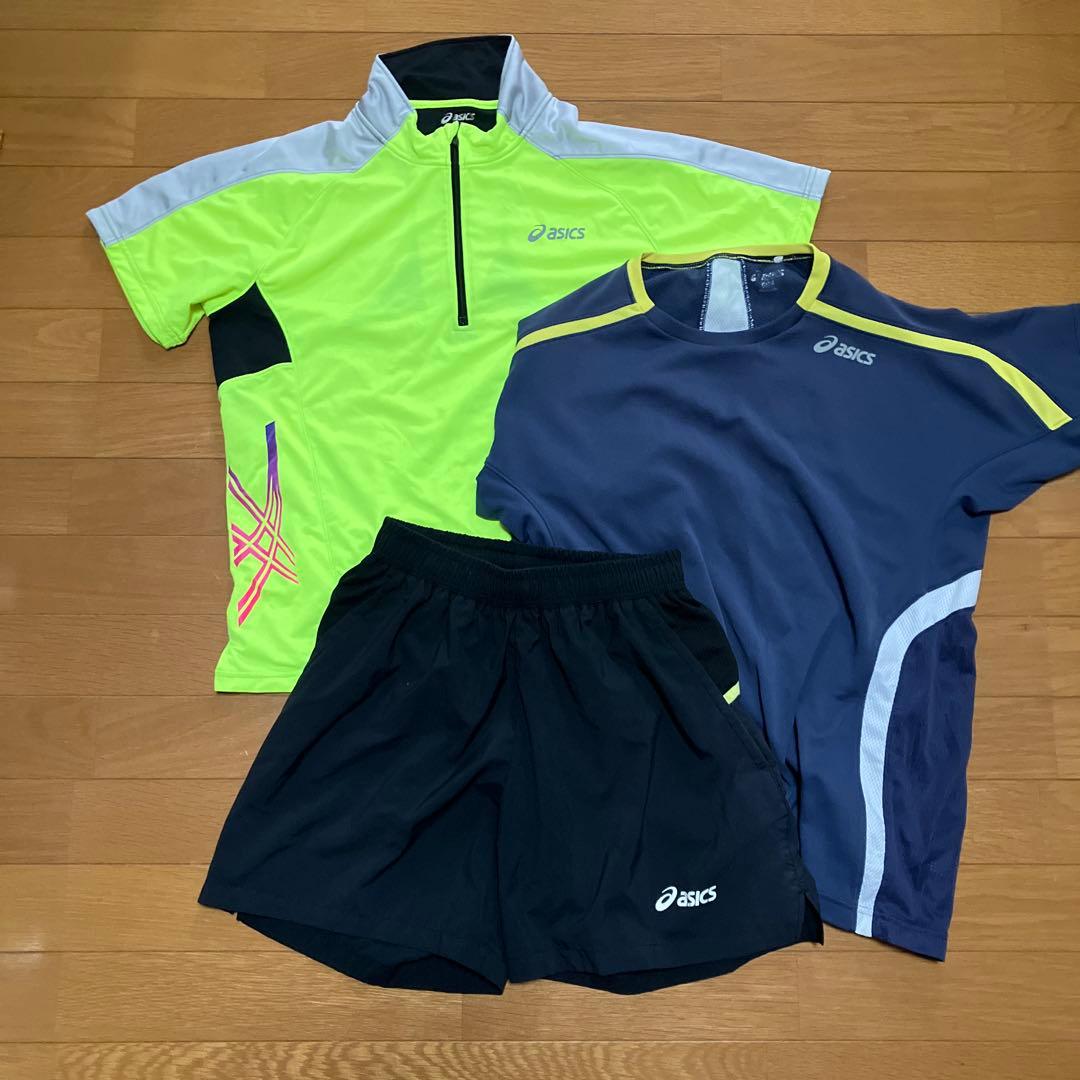asics 蛍光イエロー 半袖シャツとショートパンツバック４点セット