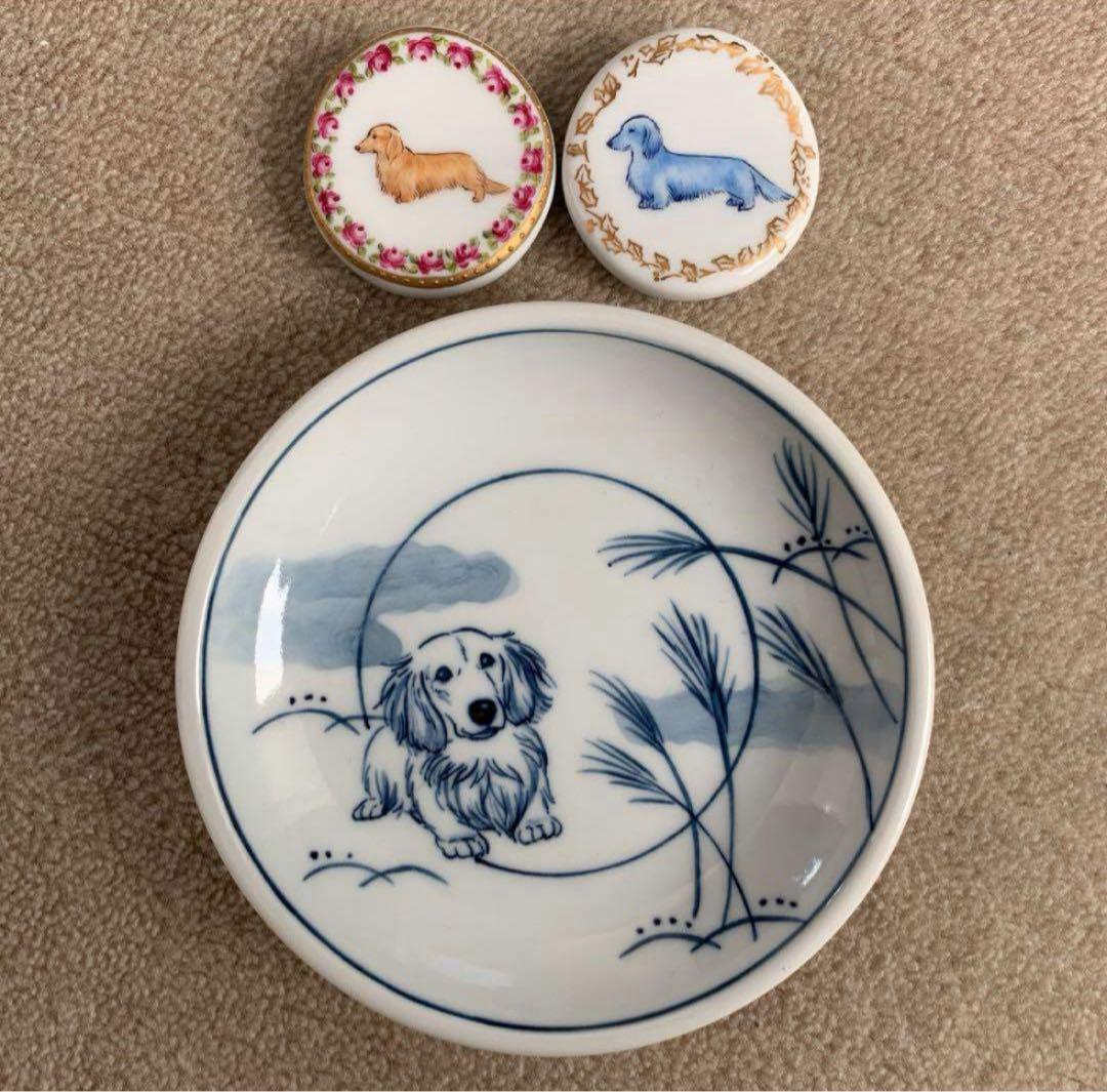 作家作品クリームダックスフンド飾り小皿＊箸置2個＊3点セット 陶器
