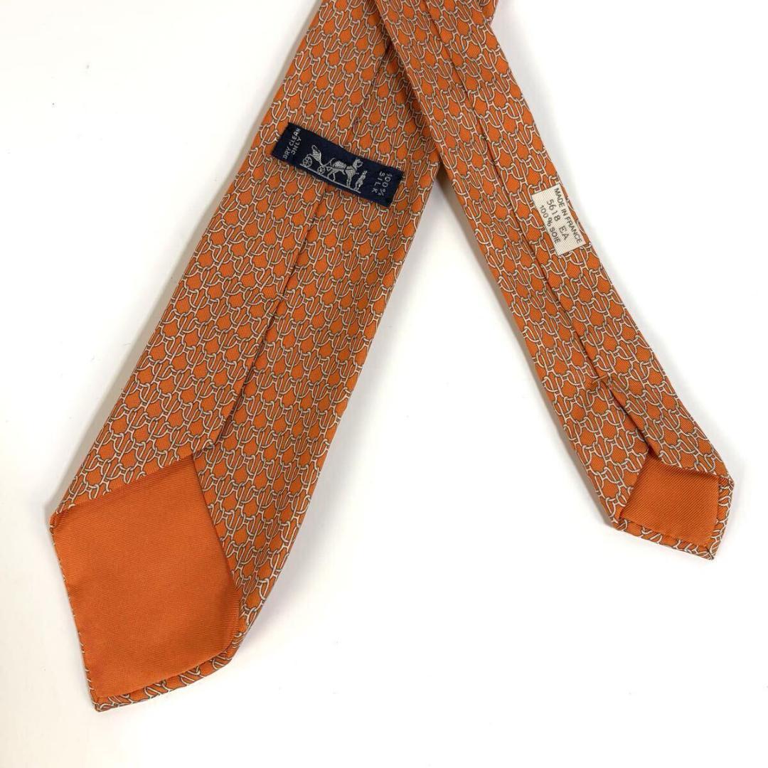 【美品】HERMES シルク チェーン ネクタイ 総柄 オレンジ フランス製