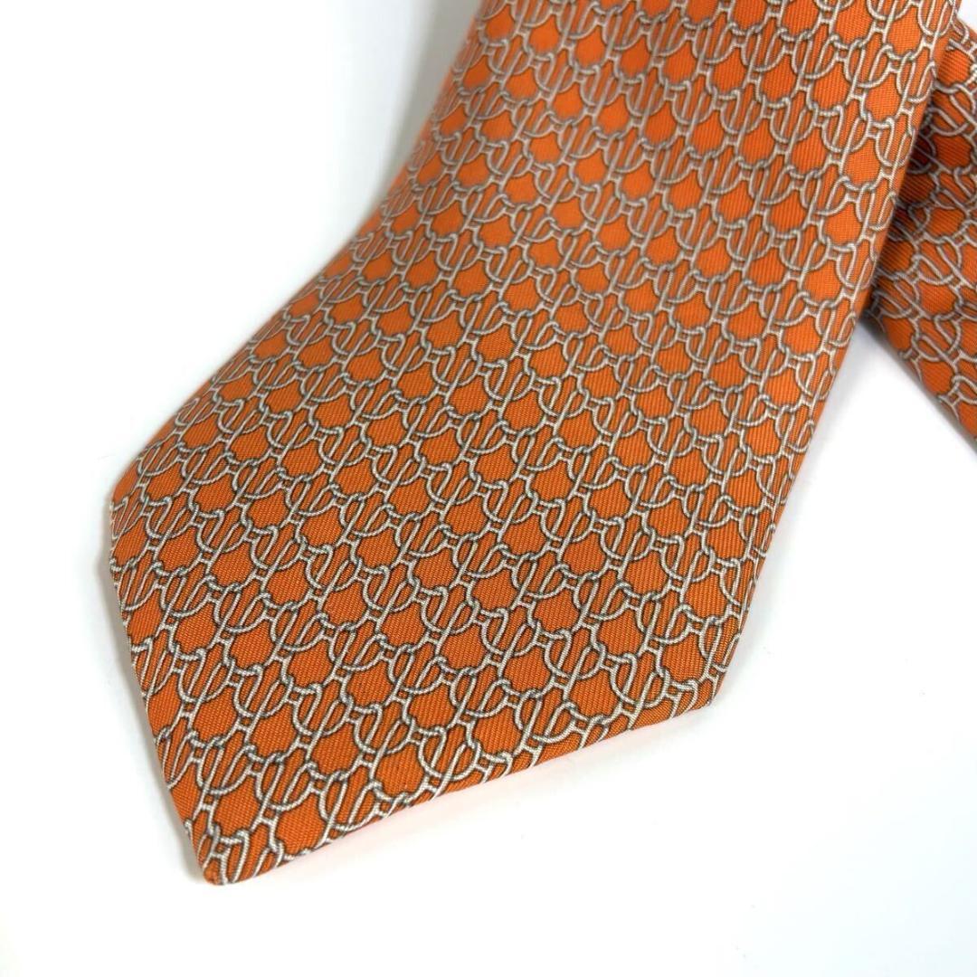 【美品】HERMES シルク チェーン ネクタイ 総柄 オレンジ フランス製