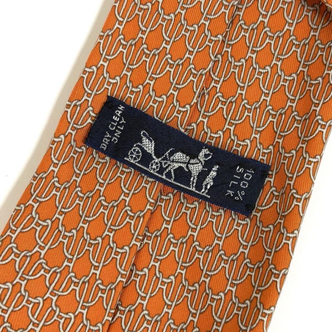 【美品】HERMES シルク チェーン ネクタイ 総柄 オレンジ フランス製