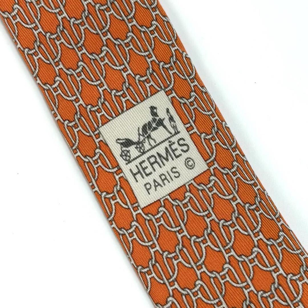 【美品】HERMES シルク チェーン ネクタイ 総柄 オレンジ フランス製
