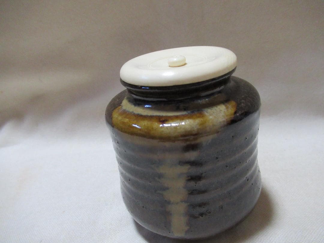 膳所焼　翁写　茶入　共箱