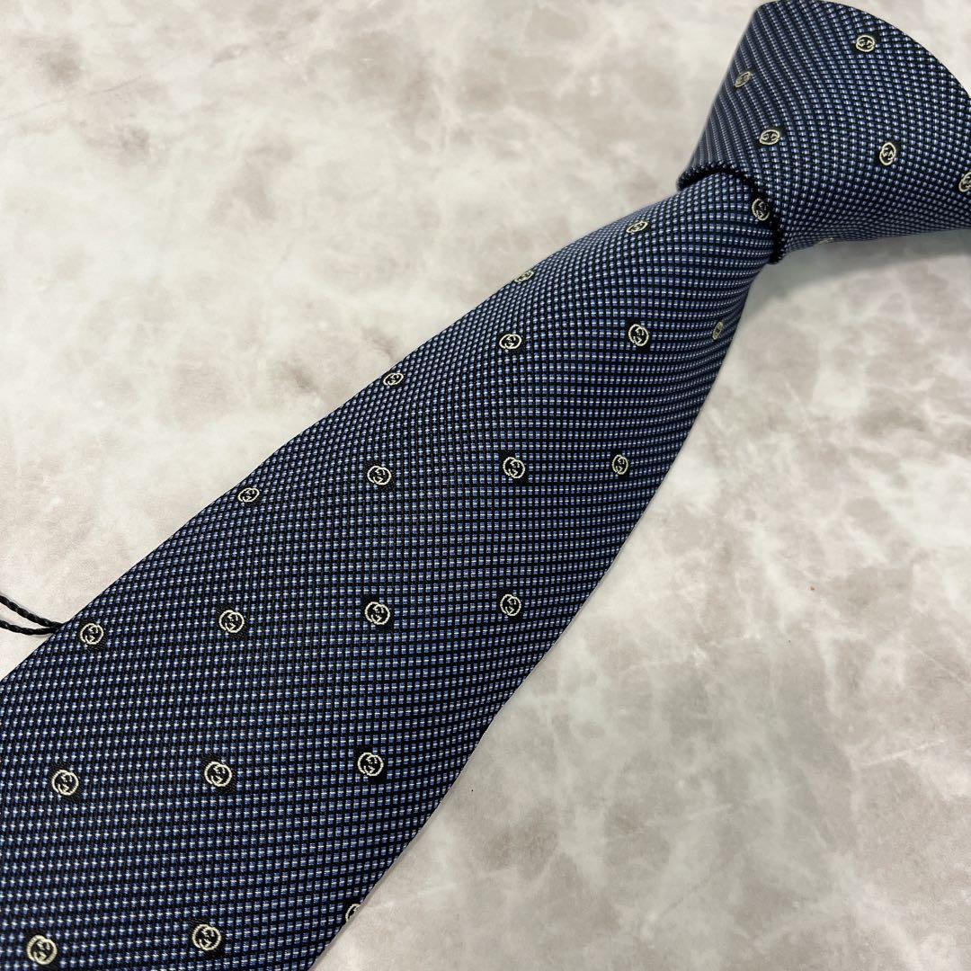 タグ付き GUCCI ネクタイ インターロッキング ネイビー 現行