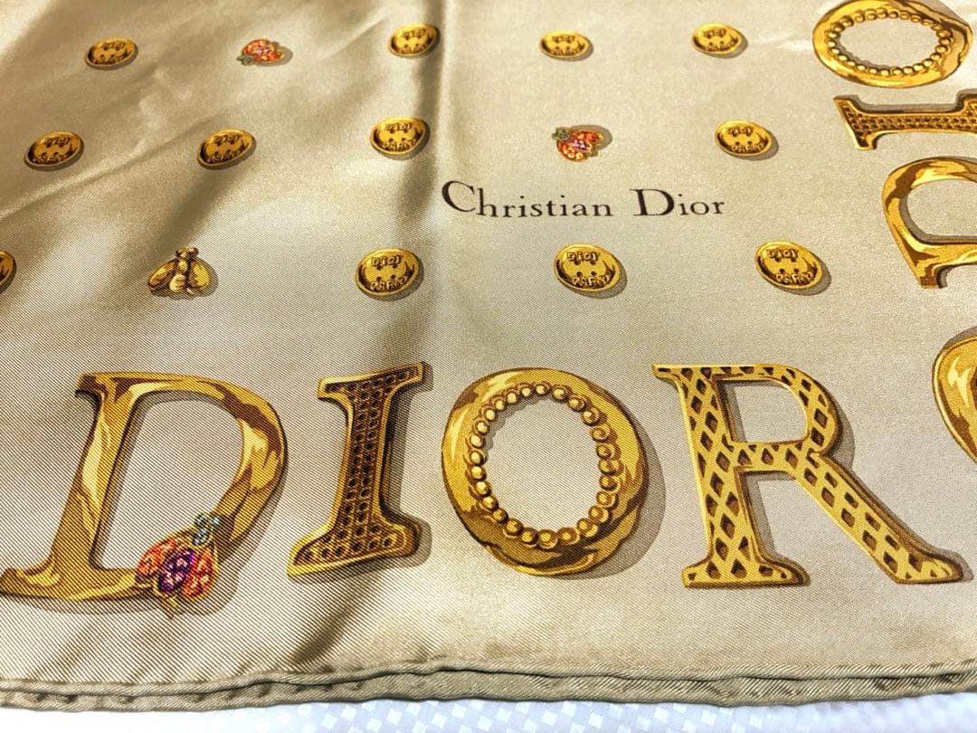Christian Dior シルクスカーフ　ベージュ金　ヴィンテージ　タグなし