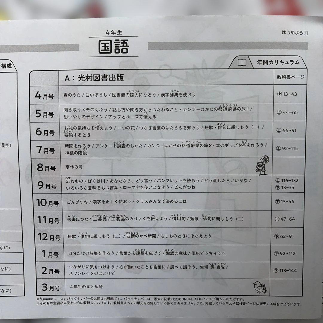 がんばる舎　エース4年生　解答付き　4〜3月号　教育出版　光村図書出版