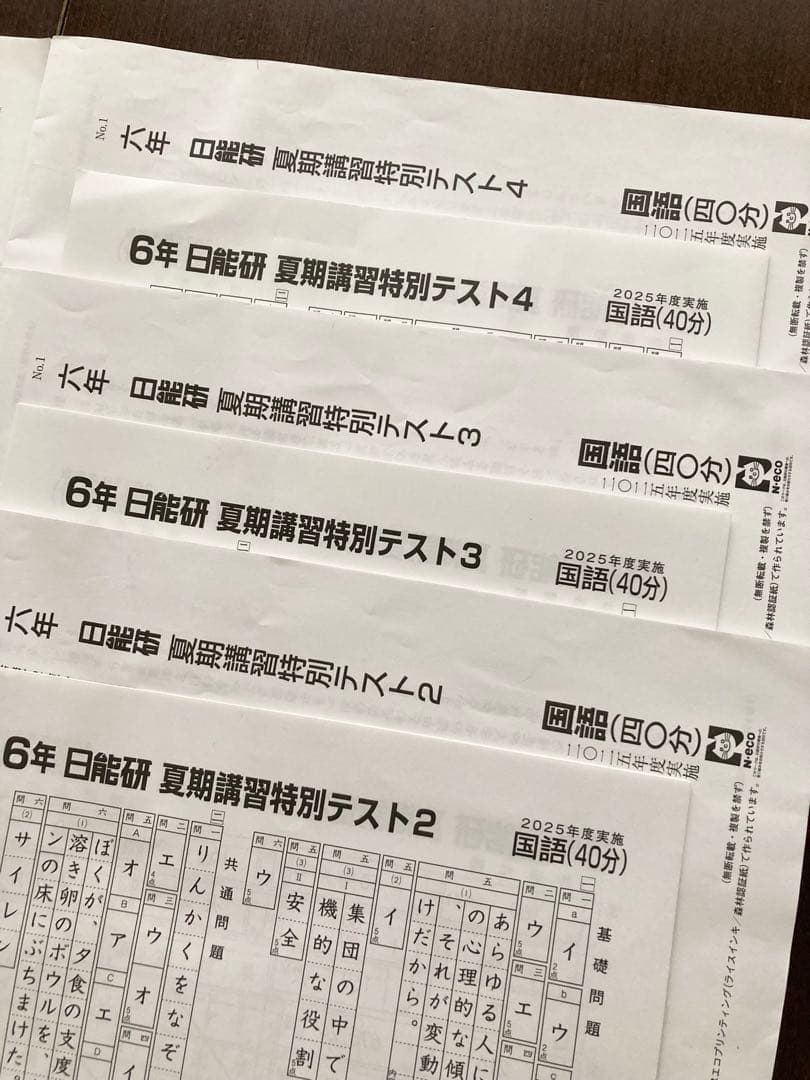 日能研　2025年　6年　春季講習特別テスト　夏期講習特別テスト