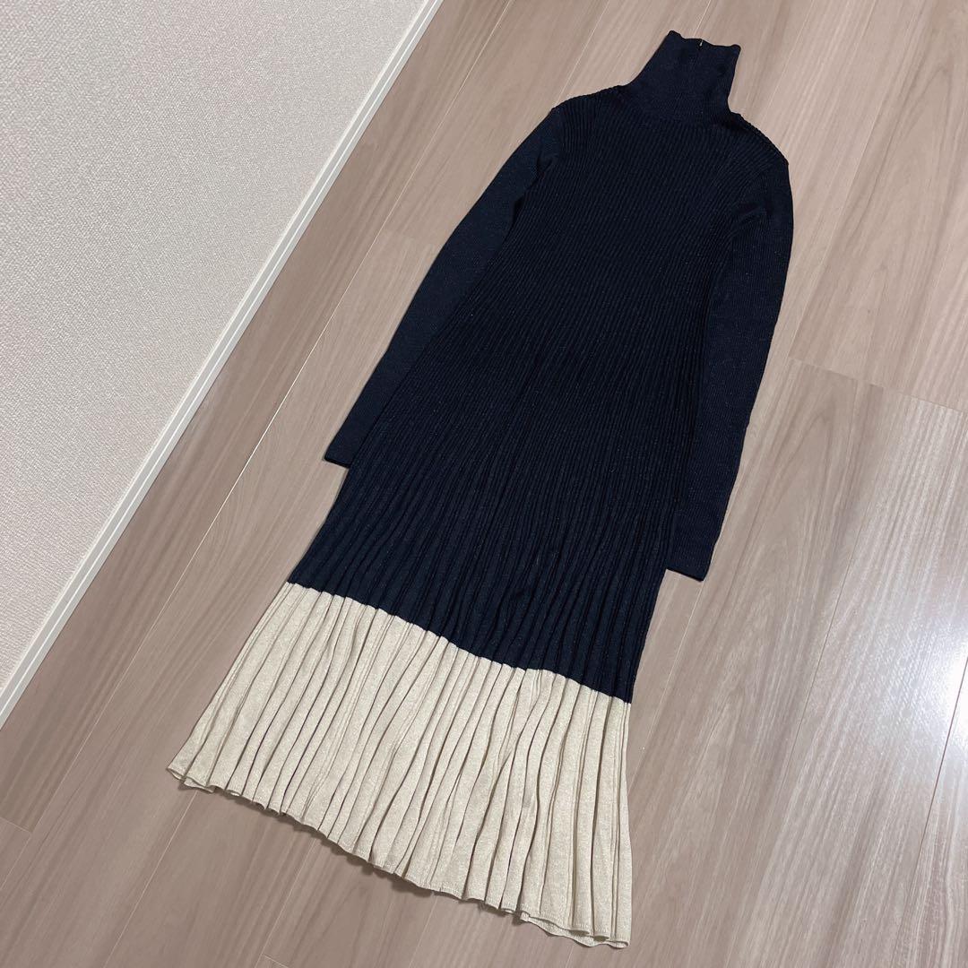 【美品】ミラオーウェン タートルネックロングリブニットワンピース 0サイズ