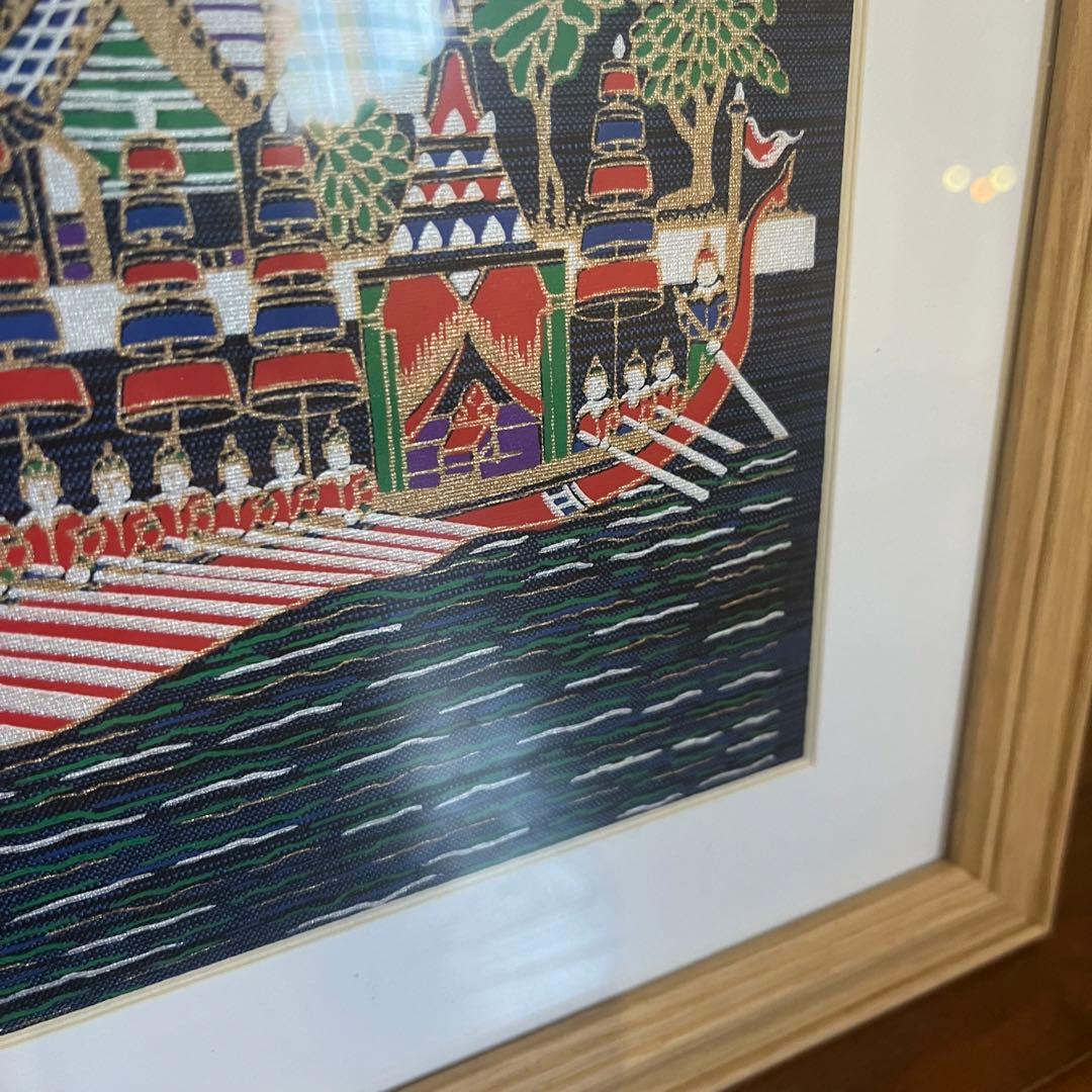 【アンティーク】額装 シルクアート 刺繍画 タイ ワットアルン 暁の寺院 縁起物