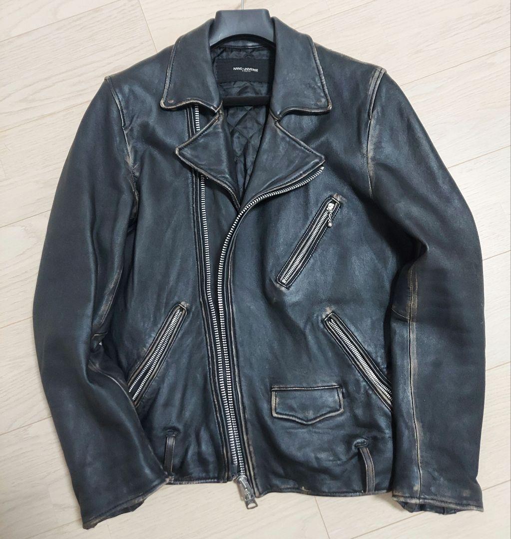 な*べ様 希少XL USED加工 ナノユニバース ラムレザー ダブルライダースジ