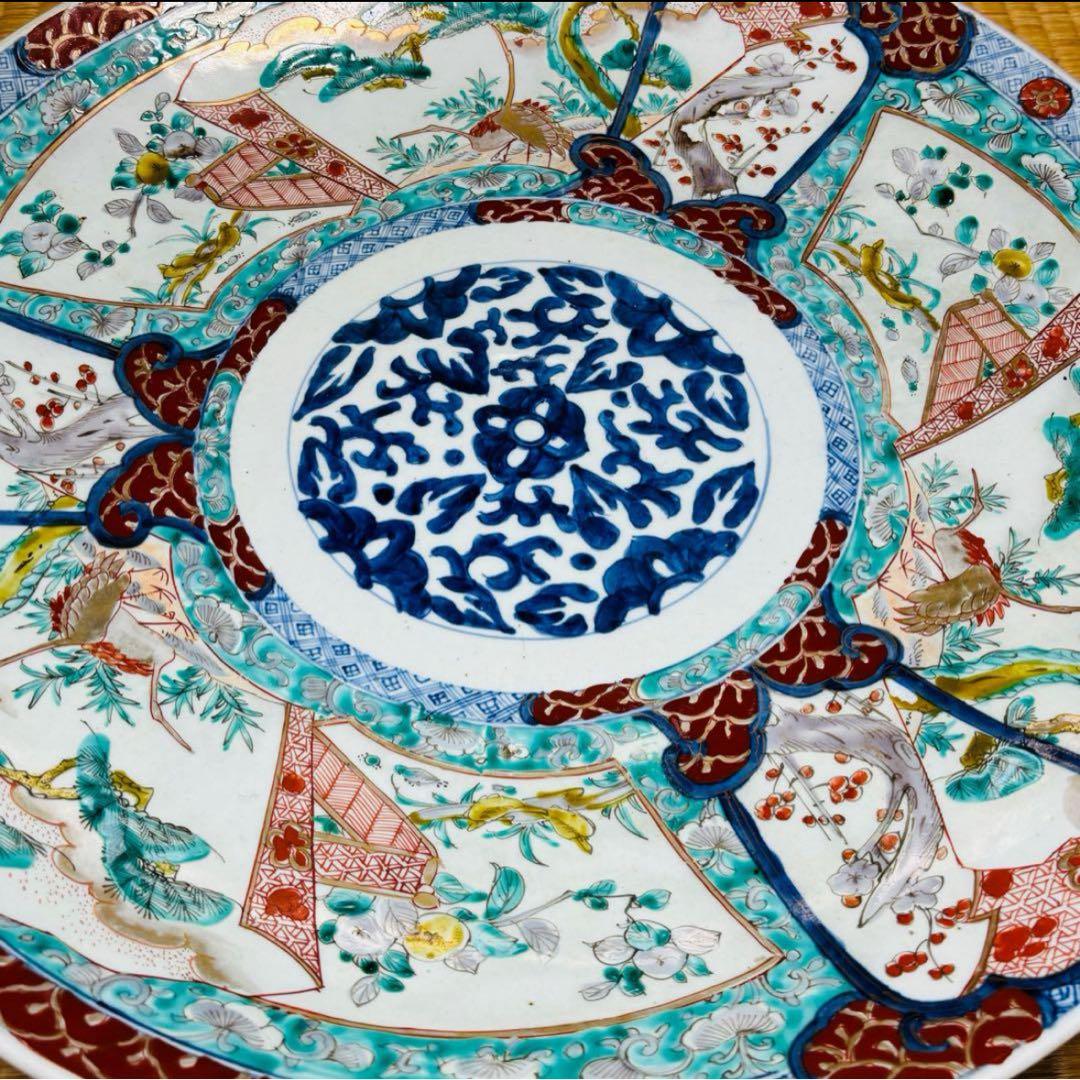 伊万里焼！ 古伊万里/色絵！松竹梅・鶴亀 図柄 大皿/1点！直径 約46.5㎝