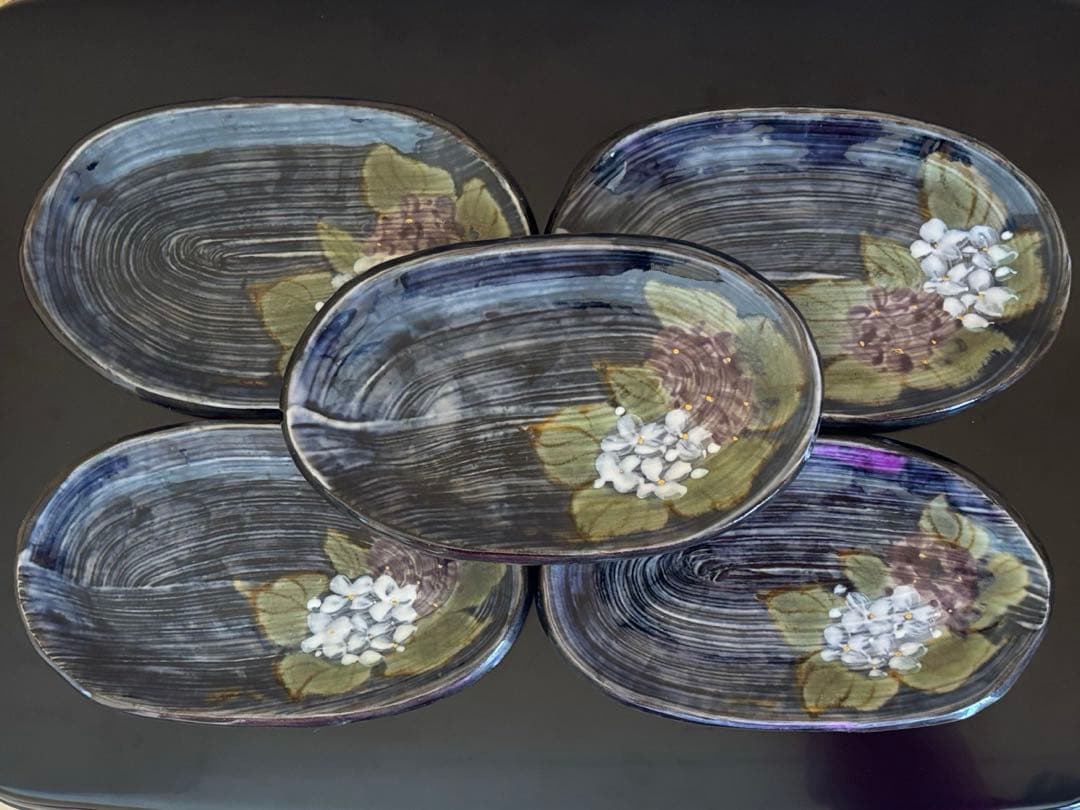 か*ん様 和食器 京焼 陶葊 土渕陶あん 楕円皿 貫入陶器 紫陽花 5枚セット