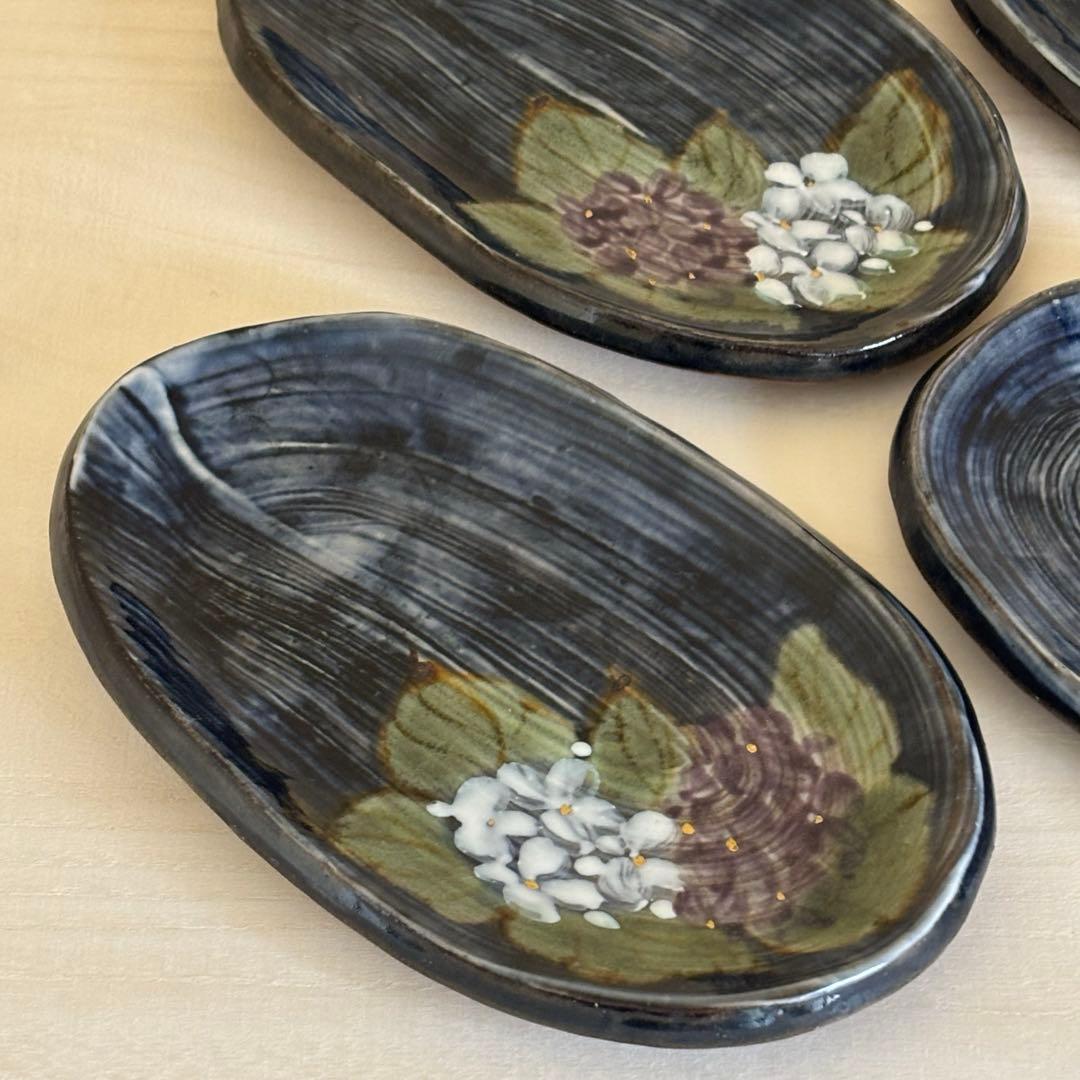 か*ん様 和食器 京焼 陶葊 土渕陶あん 楕円皿 貫入陶器 紫陽花 5枚セット