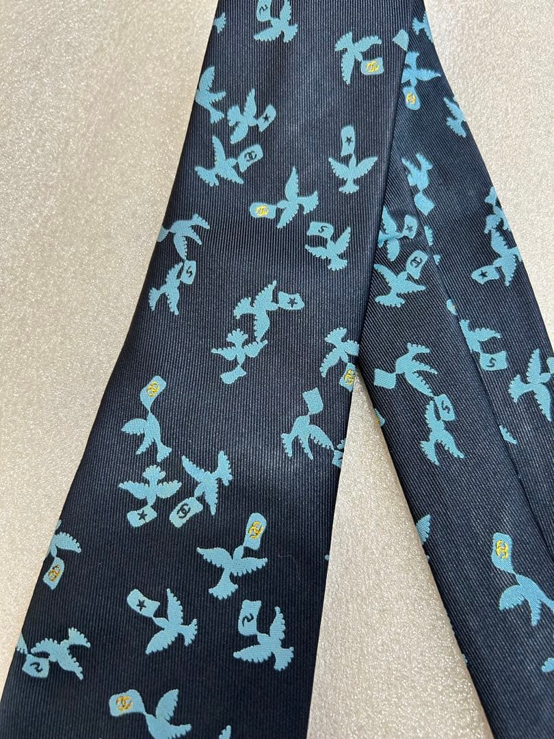 美品✨CHANEL シャネル ネクタイ チェーン付 ココマーク 動物柄 鳥 小紋