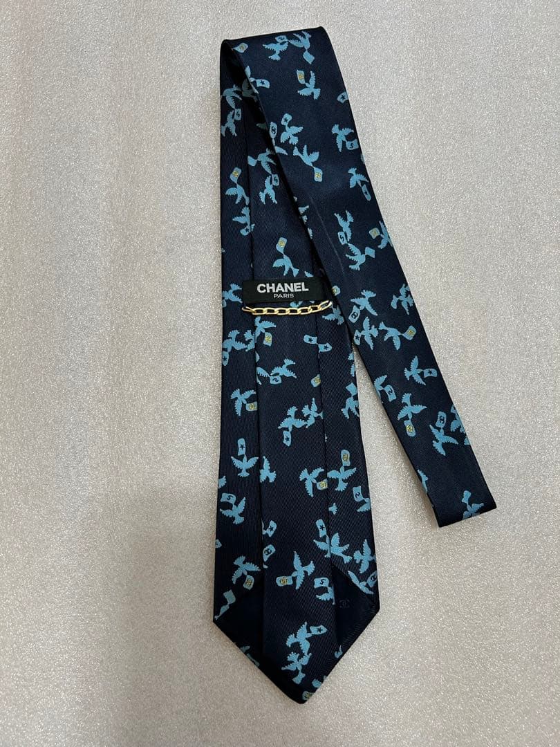 美品✨CHANEL シャネル ネクタイ チェーン付 ココマーク 動物柄 鳥 小紋