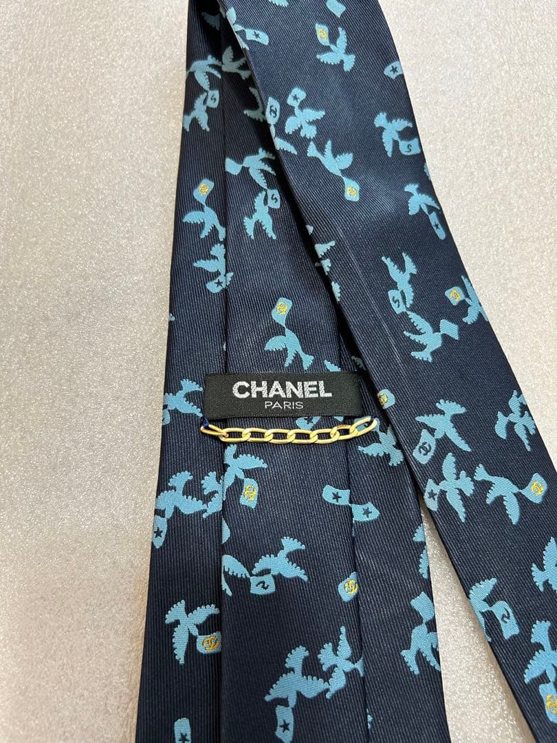 美品✨CHANEL シャネル ネクタイ チェーン付 ココマーク 動物柄 鳥 小紋