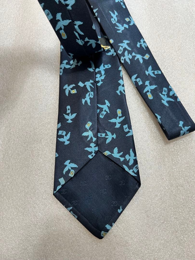 美品✨CHANEL シャネル ネクタイ チェーン付 ココマーク 動物柄 鳥 小紋