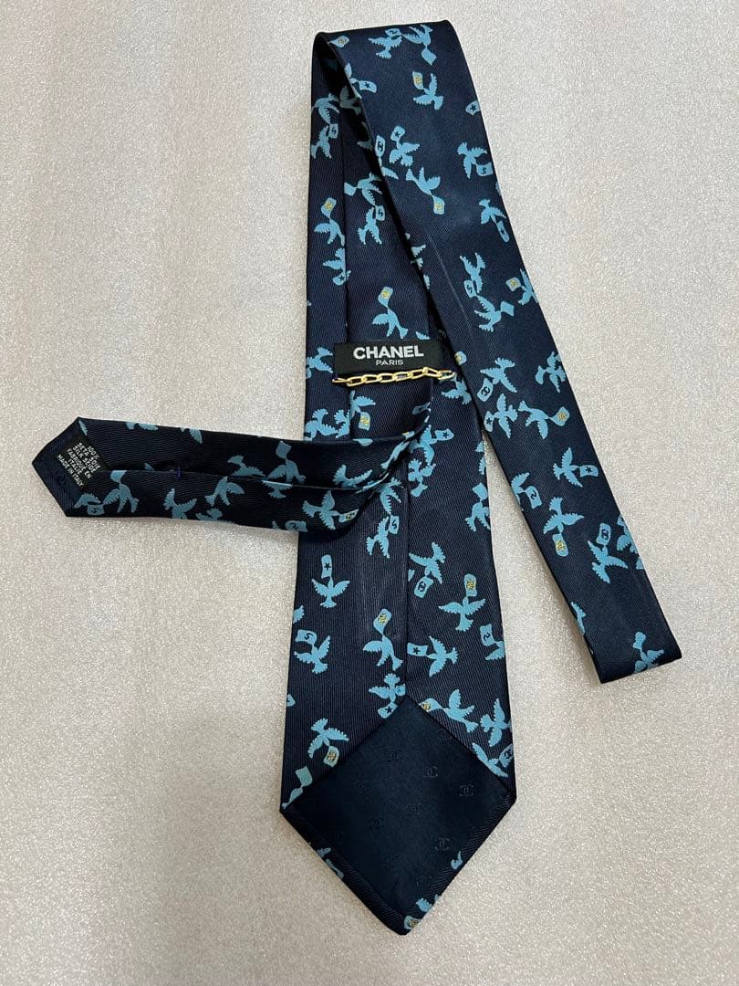 美品✨CHANEL シャネル ネクタイ チェーン付 ココマーク 動物柄 鳥 小紋