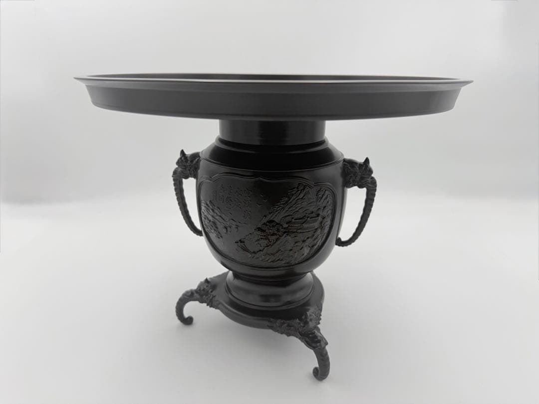銅製 薄端 花器 尺一寸 花台付き 山水彫刻 共箱 華道具