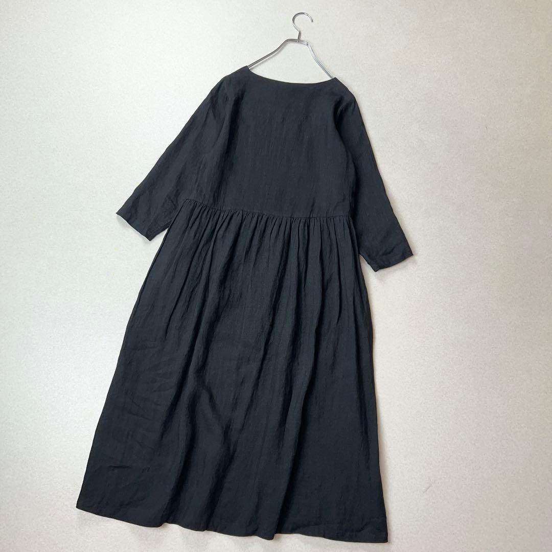 /やまふう様はりしごと fuku リネン100 % 麻　日本製　ワンピース　黒