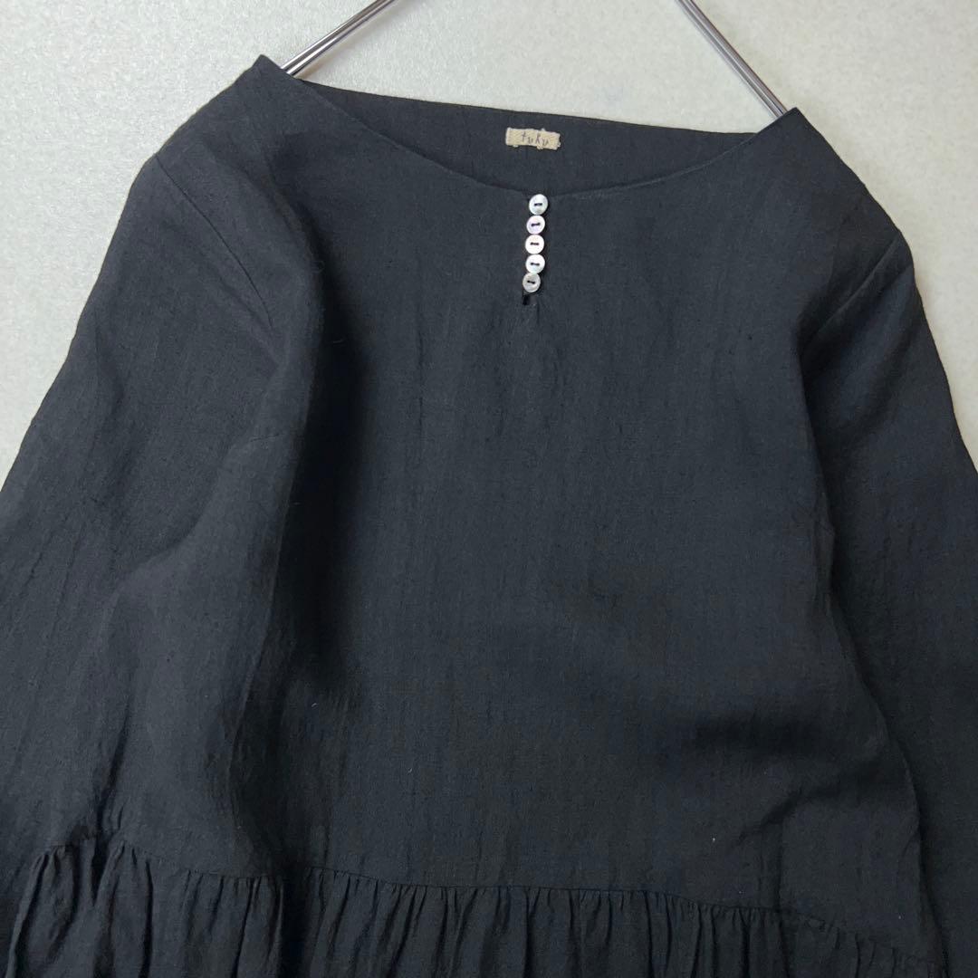 /やまふう様はりしごと fuku リネン100 % 麻　日本製　ワンピース　黒