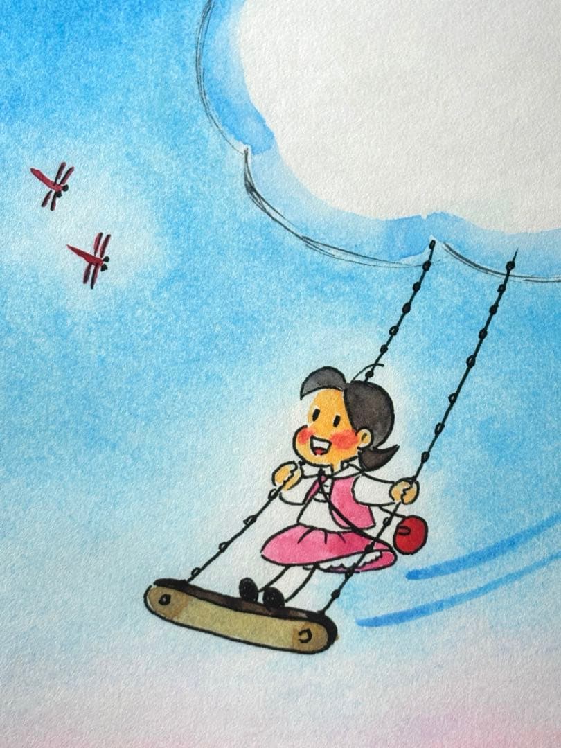 美品 みつはしちかこ　額付き絵　女の子ブランコ 秋のコスモス畑　小さな恋の物語